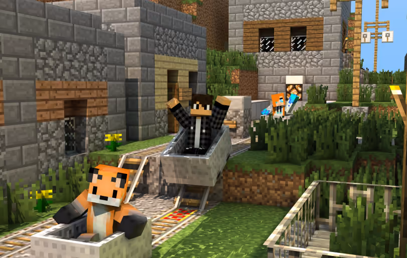 Minecraft players gathered around a crafting table