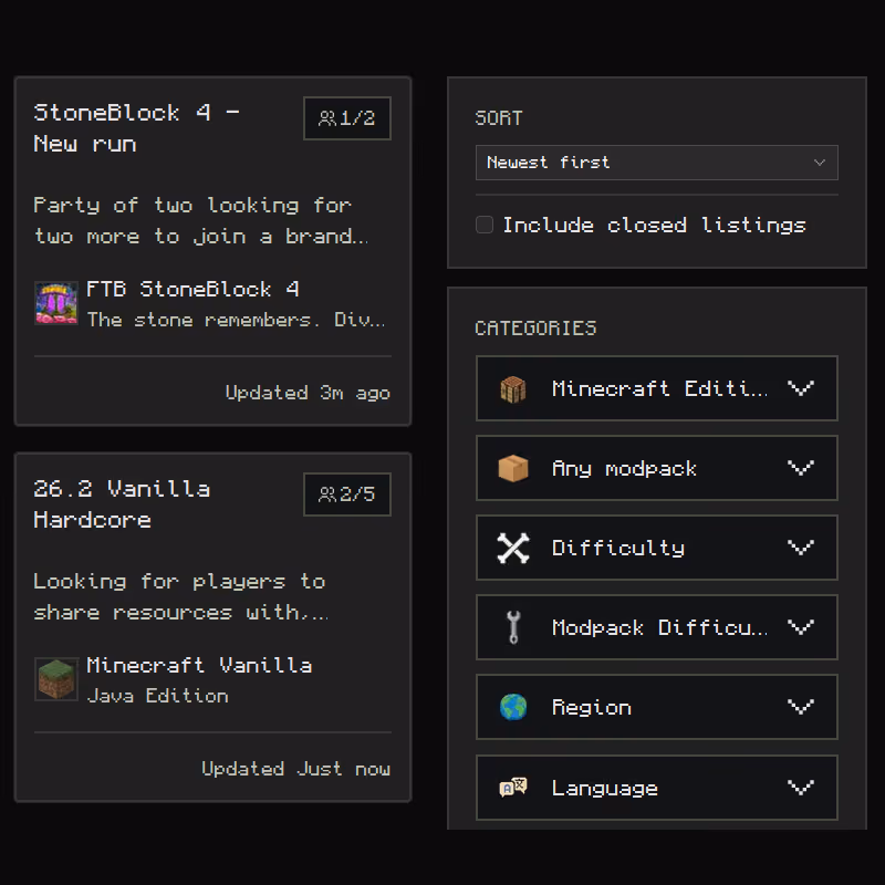 The listings page allows to select multiple filters.