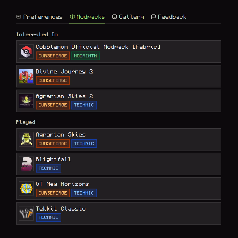 Show which modpacks you have played, and which ones you are interested in